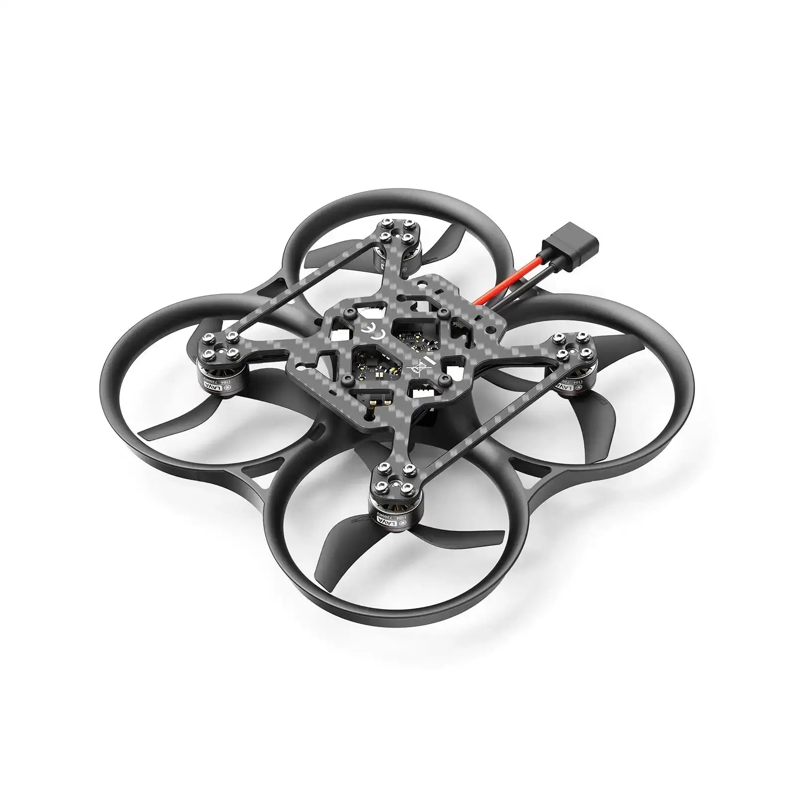 The HeadphoneHeat BETAFPV Pavo20 Pro II Brushless Whoop Quadcopter for DJI O4 / O4 Pro features a compact black frame with four circular propeller guards and exposed wiring, ideal for freestyle flights. Shown on a white background.