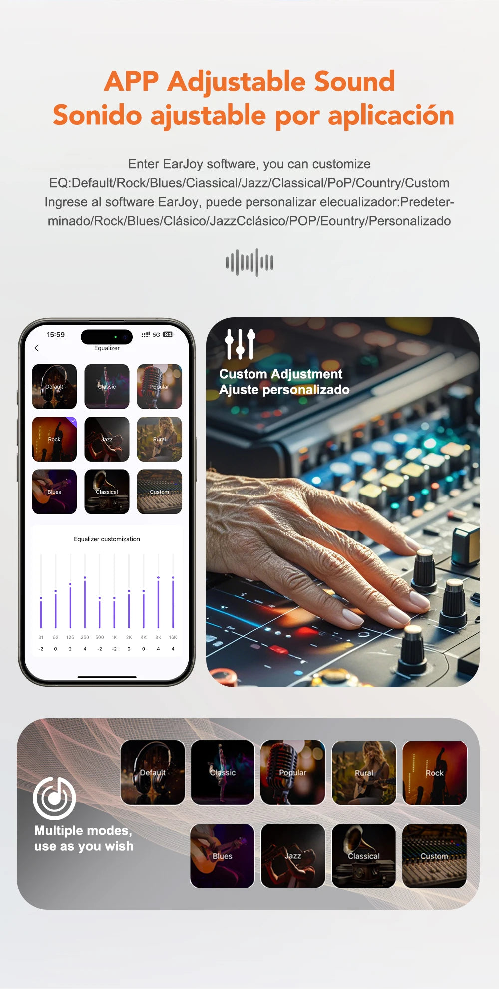 A promotional image for HeadphoneHeat's ERAZER XF31 Bluetooth Translation Earbuds highlights their customizable sound settings on two phone screens, featuring modes such as Rock, Blues, and Jazz. A DJ adjusts a sound mixer while the AI Wireless Headphones connect seamlessly via Bluetooth. Text emphasizes the app-adjustable sound capabilities and various listening modes of these earbuds.