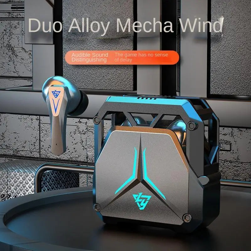 A pair of modern wireless earphones with a sleek, metallic design is displayed. Boasting Bluetooth 5.3, they come with a futuristic, boxy charging case featuring glowing blue accents. The background depicts an industrial, tech-inspired setting. The text reads: 