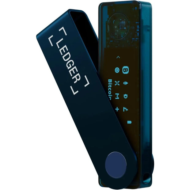 A dark blue Dropshipman Nano X Secure Bluetooth-Enabled Hardware Wallet is shown open, its small screen displaying icons and the word “Bitcoin,” with the outer cover partially swung aside to reveal the display.