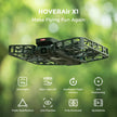 A Dropshipman Hover Air X1 Pro drone with a protective cage hovers outdoors. Features: ultra-light, palm take-off, intelligent flight, VIO positioning, AI tracking, triple stabilization, live preview, and 4K video quickshots.