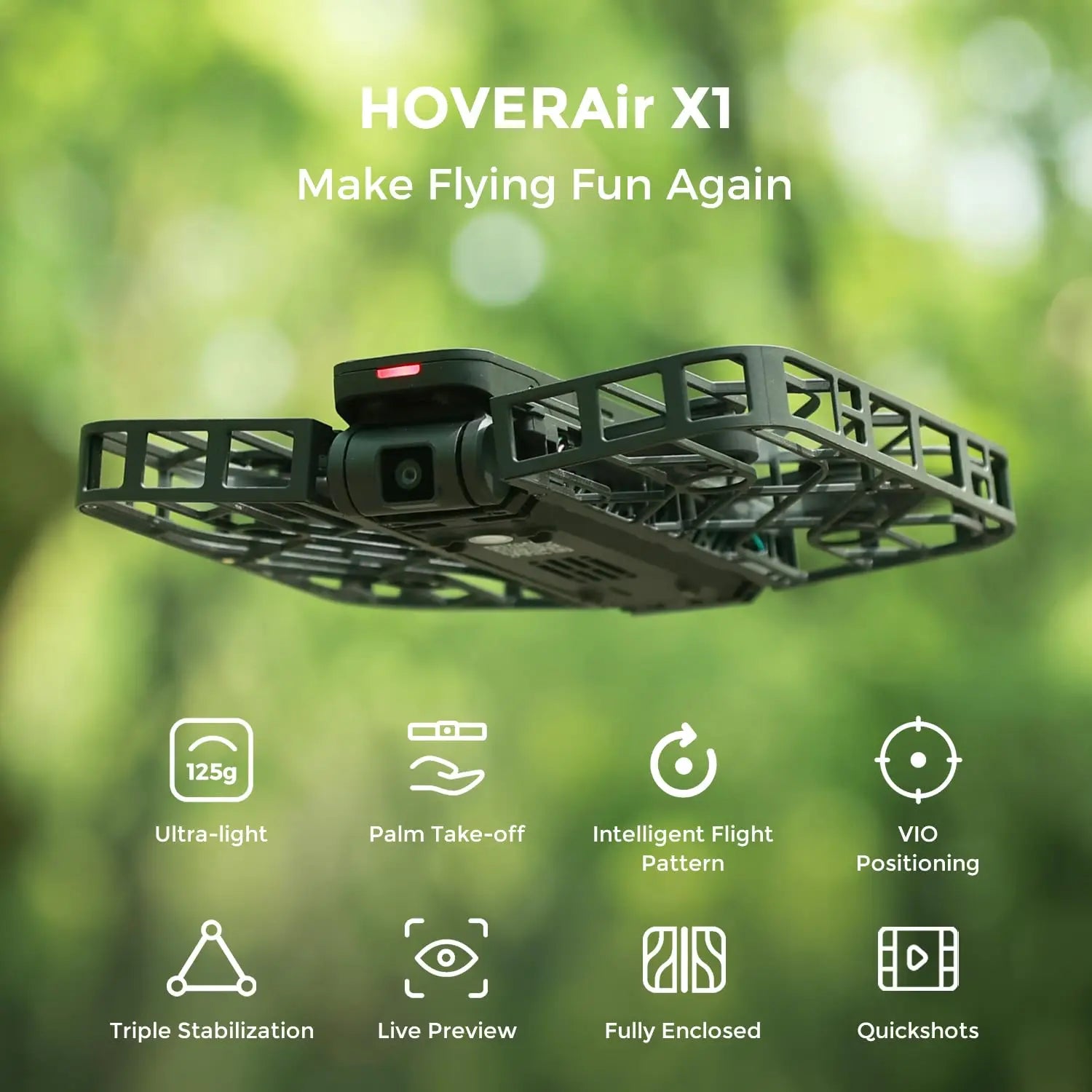 A Dropshipman Hover Air X1 Pro drone with a protective cage hovers outdoors. Features: ultra-light, palm take-off, intelligent flight, VIO positioning, AI tracking, triple stabilization, live preview, and 4K video quickshots.