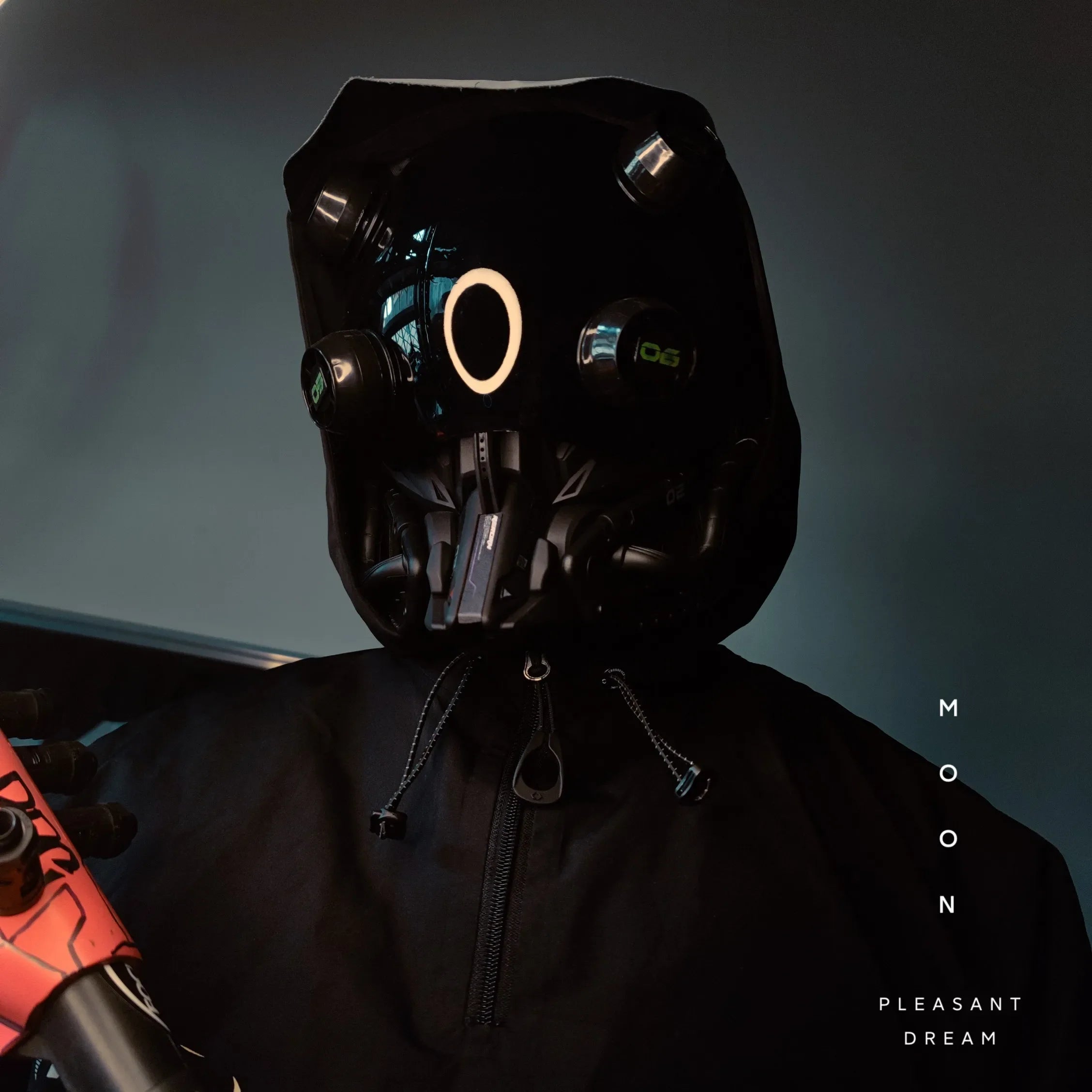 Dressed in futuristic, unisex attire, a person wearing a HeadphoneHeat RG METAL BUILD SIDE EVA SHOGOKI Mech Mask Cyberpunk stands against a dark backdrop. Holding a red item, they evoke anime vibes with 