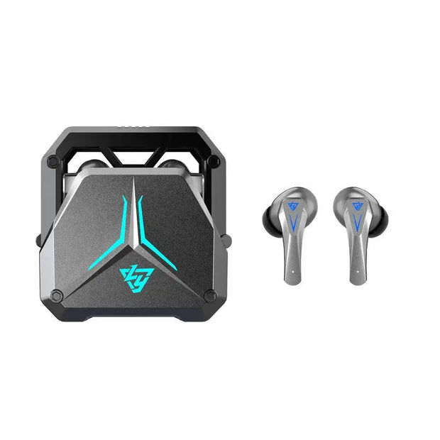 A pair of HeadphoneHeat DUTRIEUX 5.3 Bluetooth Gaming Earbuds with blue accents rests beside a matching angular black charging case, which features a blue illuminated logo and geometric design.