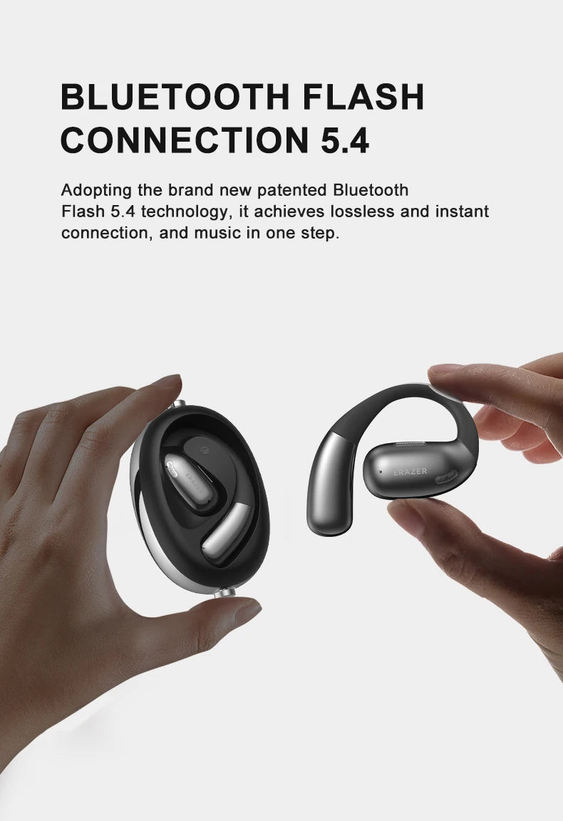 A pair of hands holds the AI Translator Earphone, featuring an ERAZER XF31 Bluetooth Translation Earbuds case. Above, text describes Bluetooth Flash Connection 5.4, emphasizing a lossless and instant music connection. The waterproof earbuds are silver and black in color under the HeadphoneHeat brand, delivering a seamless audio experience.