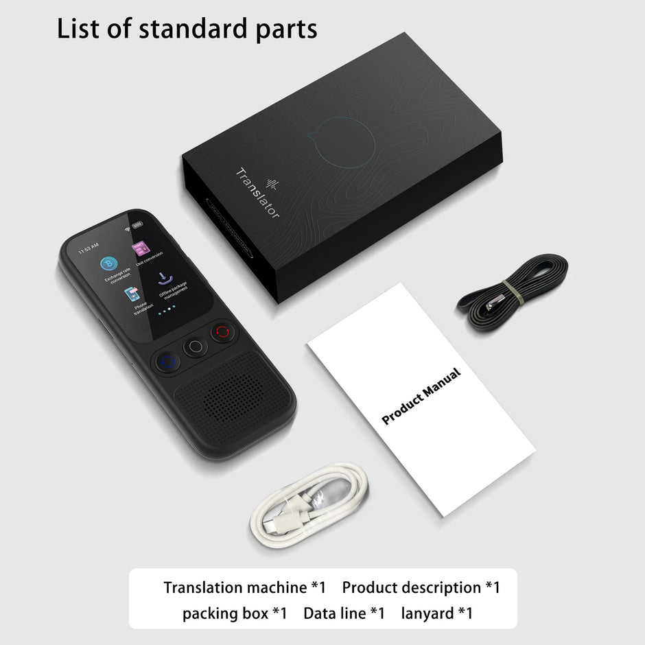 The S80 Language AI Translator Device by Dropshipman, along with a black box, product manual, charging cable, and lanyard, is shown on a light surface with a parts list below, highlighting real-time translation features.