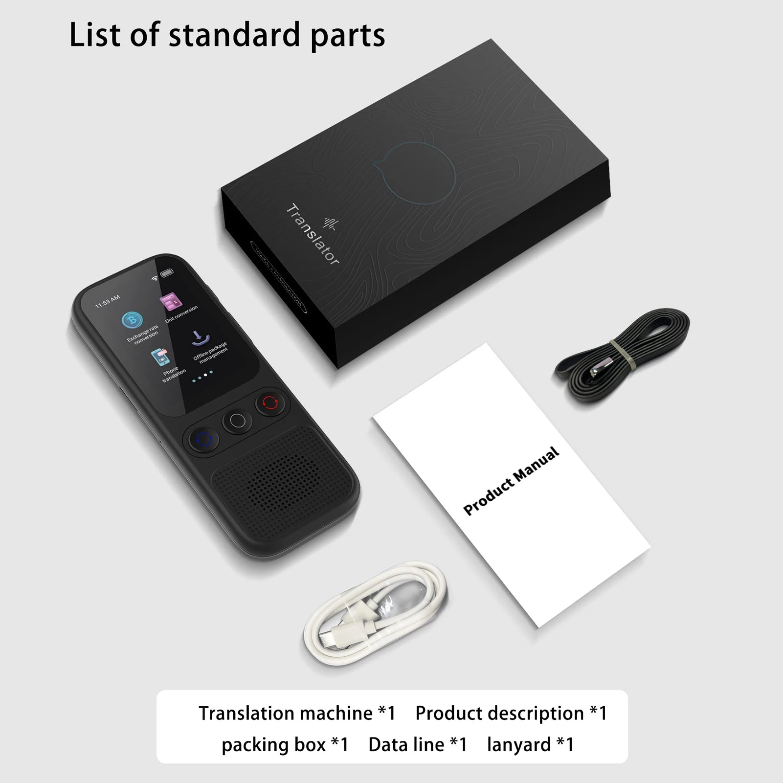The S80 Language AI Translator Device by Dropshipman, along with a black box, product manual, charging cable, and lanyard, is shown on a light surface with a parts list below, highlighting real-time translation features.