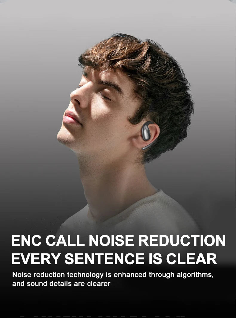 A person tilts their head back, eyes closed, wearing HeadphoneHeat's ERAZER XF31 Bluetooth Translation Earbuds. The text reads, "ENC Call Noise Reduction Every Sentence is Clear," highlighting the advanced noise reduction technology in these AI wireless headphones.