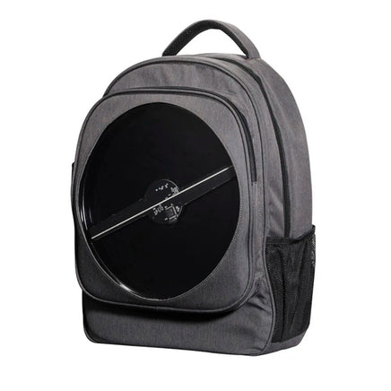 The BSIDE 3D Holographic Projector Backpack by HeadphoneHeat is a gray backpack featuring a top handle, side mesh pocket, and multiple zippered compartments. On the front, it has a large circular black dial resembling a clock face without numbers, with a single hand pointing diagonally. This certified quality backpack seamlessly combines functionality with design innovation.