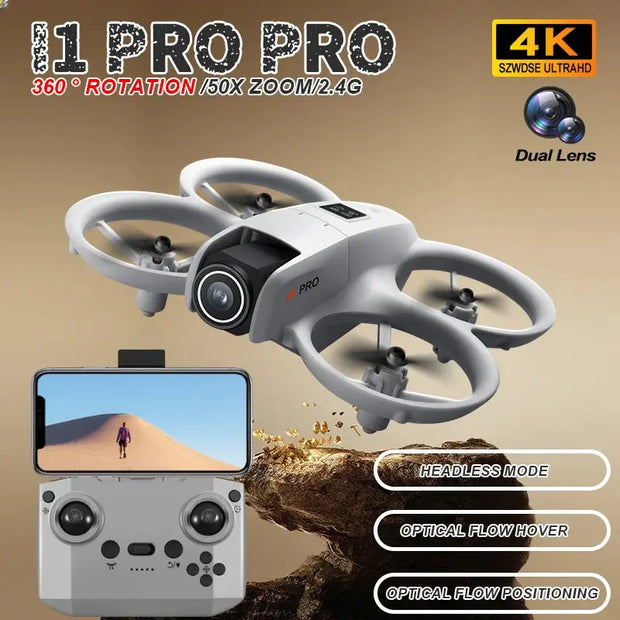 A gray DSer I1 PRO Drone 4K Professional HD Aerial Photography with dual lenses and four rotors hovers above a WiFi remote, as a phone displays a desert. Features: 4K HD video, 360° rotation, 50x zoom, and optical flow positioning.
