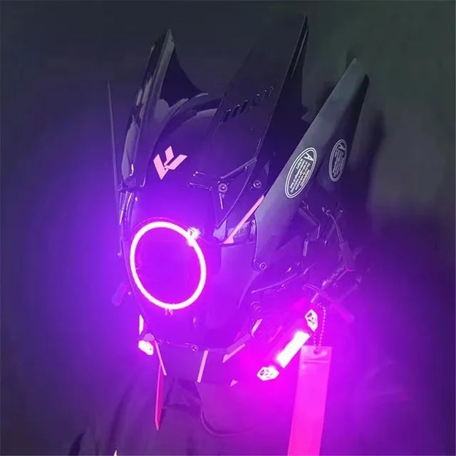 The HeadphoneHeat LED Lights Cyberpunk Full Face Masks showcase a futuristic, angular design with glowing purple LED lights and circular neon elements against a dark background.
