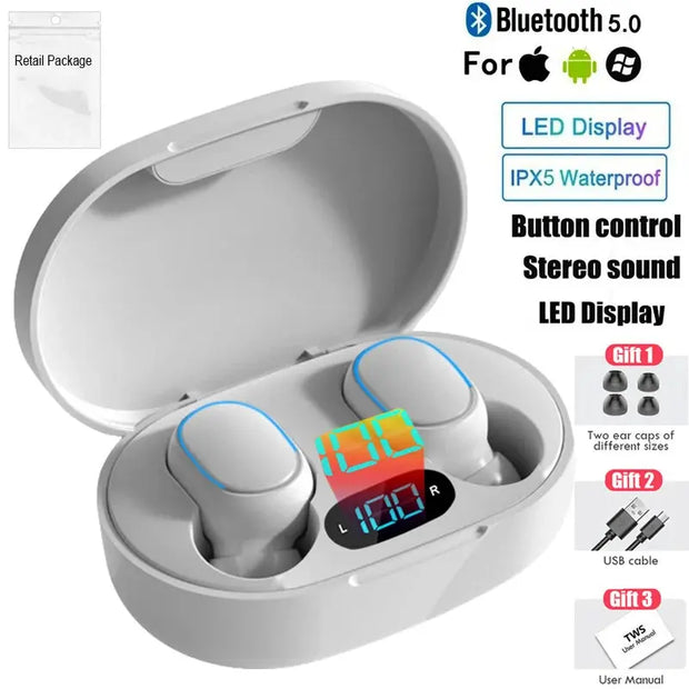 The HeadphoneHeat E7s TWS Earbuds are white true wireless earphones in a charging case with LED battery display, featuring Bluetooth 5.0, IPX5 waterproof rating, high-fidelity stereo sound, button controls, and accessories included.