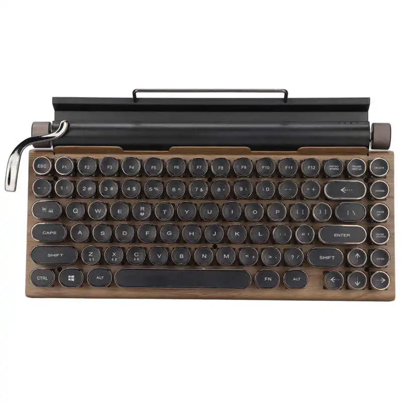 The Retro Typewriter Mechanical Keyboard by HeadphoneHeat features round black keys, a dark brown casing, and a silver side handle for a typewriter look. It supports Bluetooth 5.0 and includes an integrated holder for tablets or phones at the back.