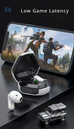 A set of Esports ZIXZEX Game Bluetooth TWS Earbuds from HeadphoneHeat is displayed in the foreground, with one earbud placed beside them. In the background, a smartphone displays an action game featuring armed characters. The image features an 