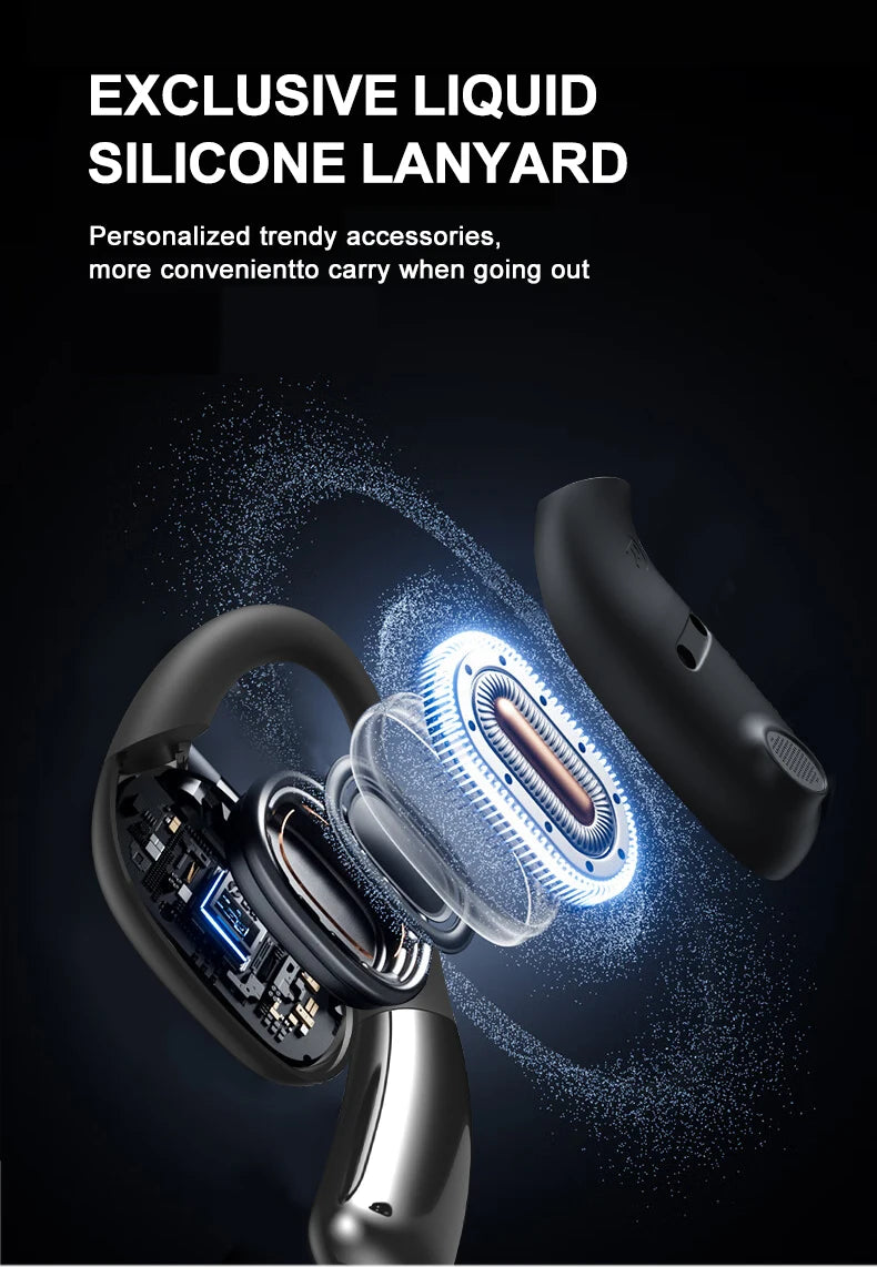 An exploded view of the ERAZER XF31 AI Translator Earphone by HeadphoneHeat displays a glowing blue ring and reveals its internal components. The accompanying text reads: 