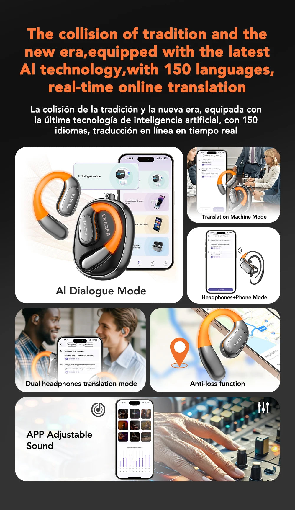 Explore a promotional image for the HeadphoneHeat [AI Translator Earphone] ERAZER XF31 Bluetooth Translation Earbuds. These wireless headphones offer translation modes, app-adjustable sound, an anti-loss function, and support for 150 languages. Powered by AI technology, they seamlessly demonstrate integration and usage.