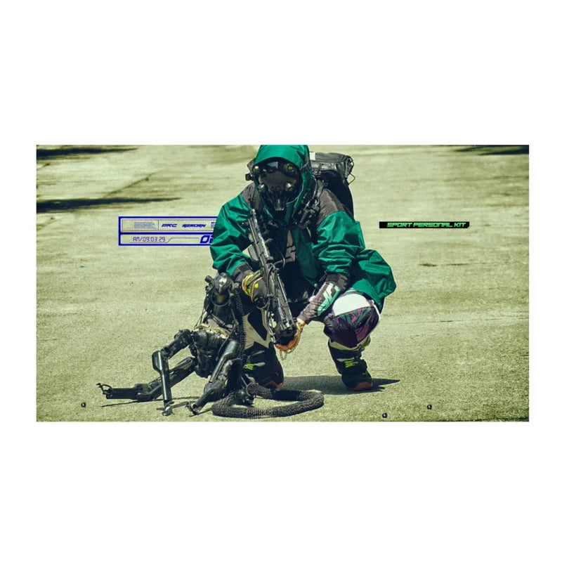 Dressed in a sleek, anime-inspired RG METAL BUILD SIDE EVA SHOGOKI Mech Mask Cyberpunk by HeadphoneHeat, a person with green protective gear and gas mask kneels with a rifle. A robotic dog stands beside them amid numerical and text overlays, enhancing the futuristic scene.
