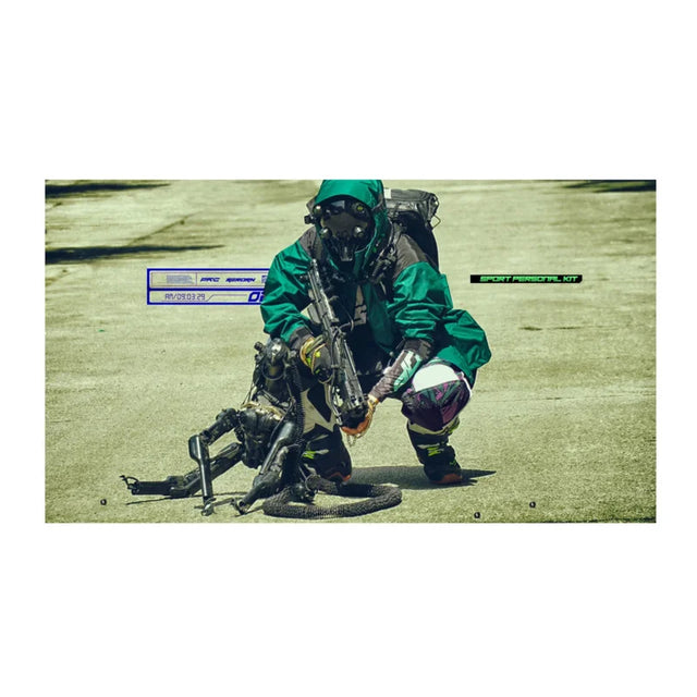 Dressed in a sleek, anime-inspired RG METAL BUILD SIDE EVA SHOGOKI Mech Mask Cyberpunk by HeadphoneHeat, a person with green protective gear and gas mask kneels with a rifle. A robotic dog stands beside them amid numerical and text overlays, enhancing the futuristic scene.