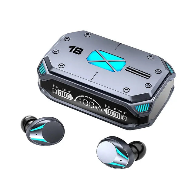 A pair of black and teal HKEN Bluetooth Earbuds -TWS by HeadphoneHeat are displayed next to a futuristic metallic charging case with digital display, blue accent lights, the number 18, and geometric patterns on top.