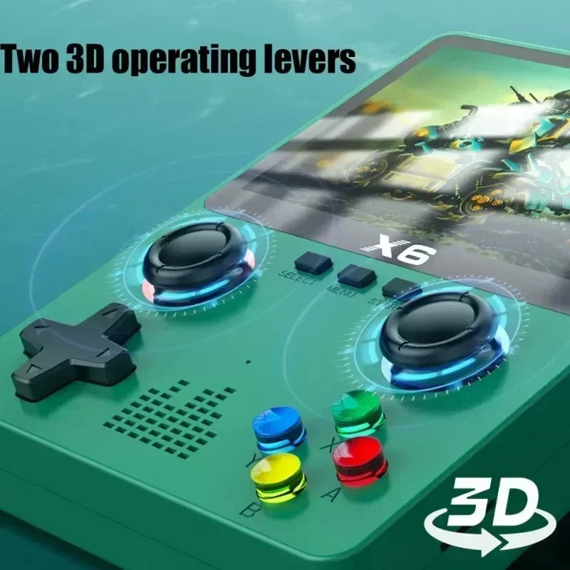 A green EVANOVM X6 Retro Game Console by HeadphoneHeat, ideal for portable gaming with its dual joysticks, directional pad, and vibrant buttons. The screen shows a robotic character with text mentioning 