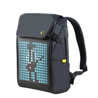 The HeadphoneHeat DIVOOM Pixoo Backpack is a black LED display backpack with flap closure and adjustable strap, showing a red and black pixel figure on a blue grid. Personalize it via app for your own unique style.