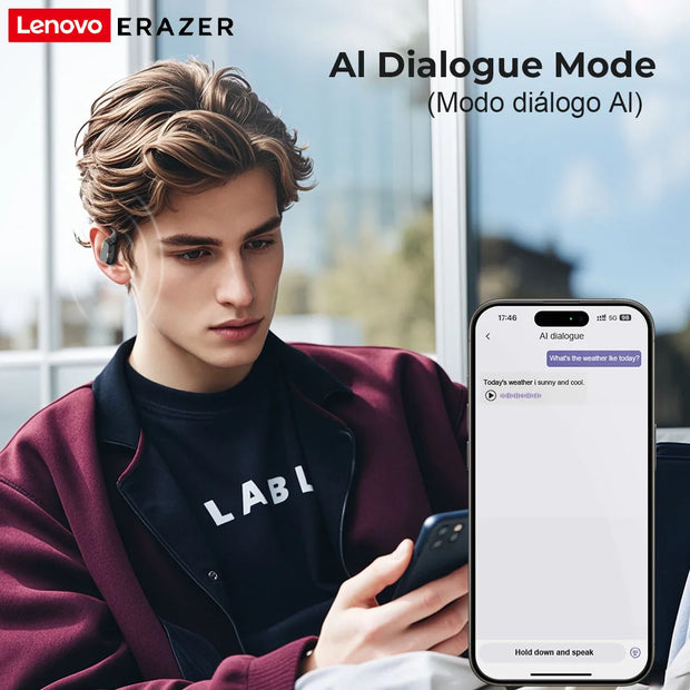 A person with curly hair sports a burgundy jacket and a black shirt displaying the "LABEL" text. They are using a smartphone equipped with Lenovo ERAZER's AI Dialogue Mode, while HeadphoneHeat's [AI Earphone]Translator Erazer XP6 Bluetooth Earphones rest comfortably around their neck. On the screen, a weather query and response are visible.