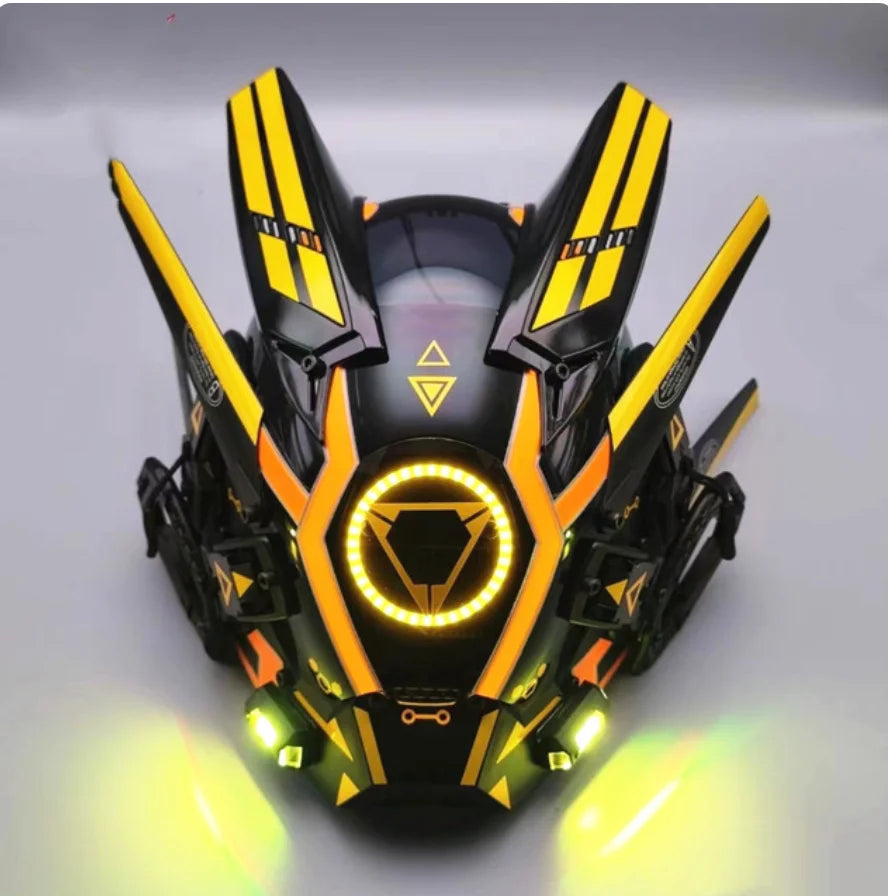 The LED Lights Cyberpunk Full Face Masks by HeadphoneHeat is a futuristic, helmet-shaped mask featuring a neon yellow and black design with glowing circular LEDs and geometric patterns, capturing an advanced, sci-fi technology theme.