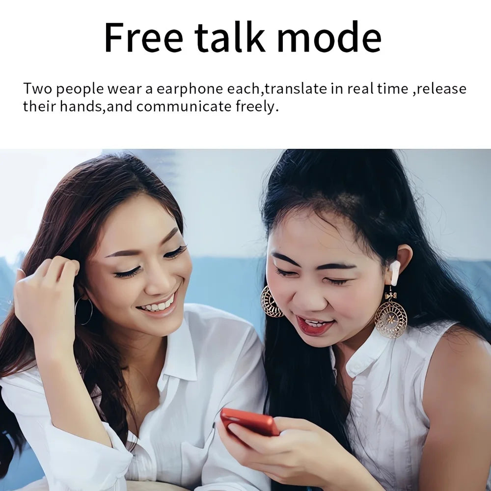 Two women sitting together and smiling, each wearing an Intelligent Translate Earbud by HeadphoneHeat. One of them is holding a smartphone, likely showcasing the earbuds' capabilities as a portable AI voice translator. The text above them reads 