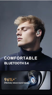 A person with short, light hair wears a black turtleneck and a pair of ERAZER XF31 earbuds. Text reads 