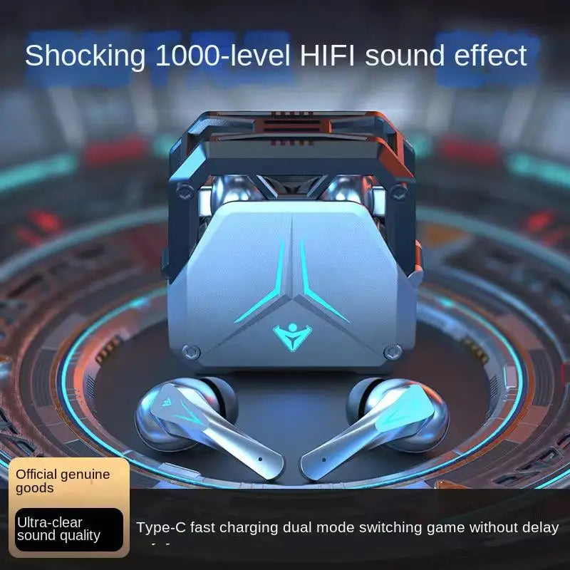 Image of HeadphoneHeat DUTRIEUX Bluetooth Earbuds 5.3 gaming with a futuristic design and a charging case on a glowing, circular platform. Text on the image highlights 