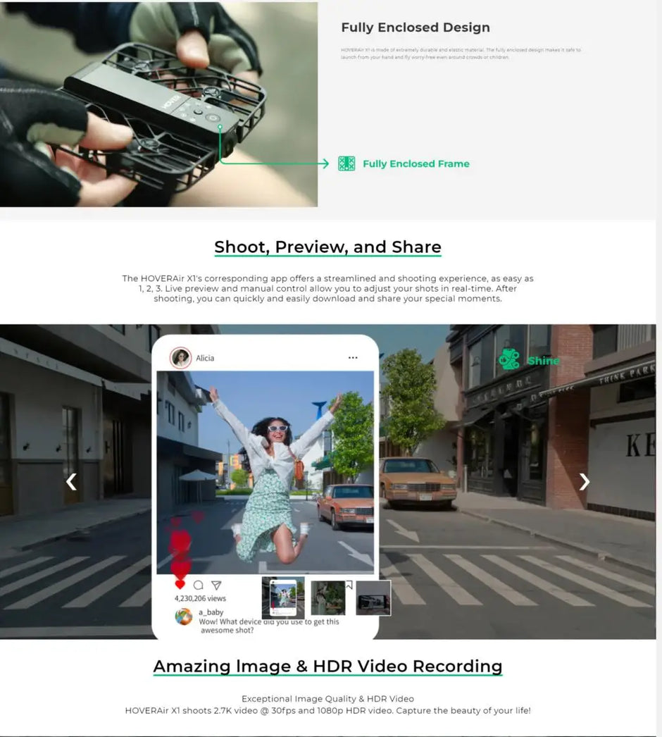 The Dropshipman Hover Air X1 Pro, a compact drone with a protective frame, fits in your hand; below, a woman dances in the city as its 4K video is recorded and instantly shared to a smartphone app.