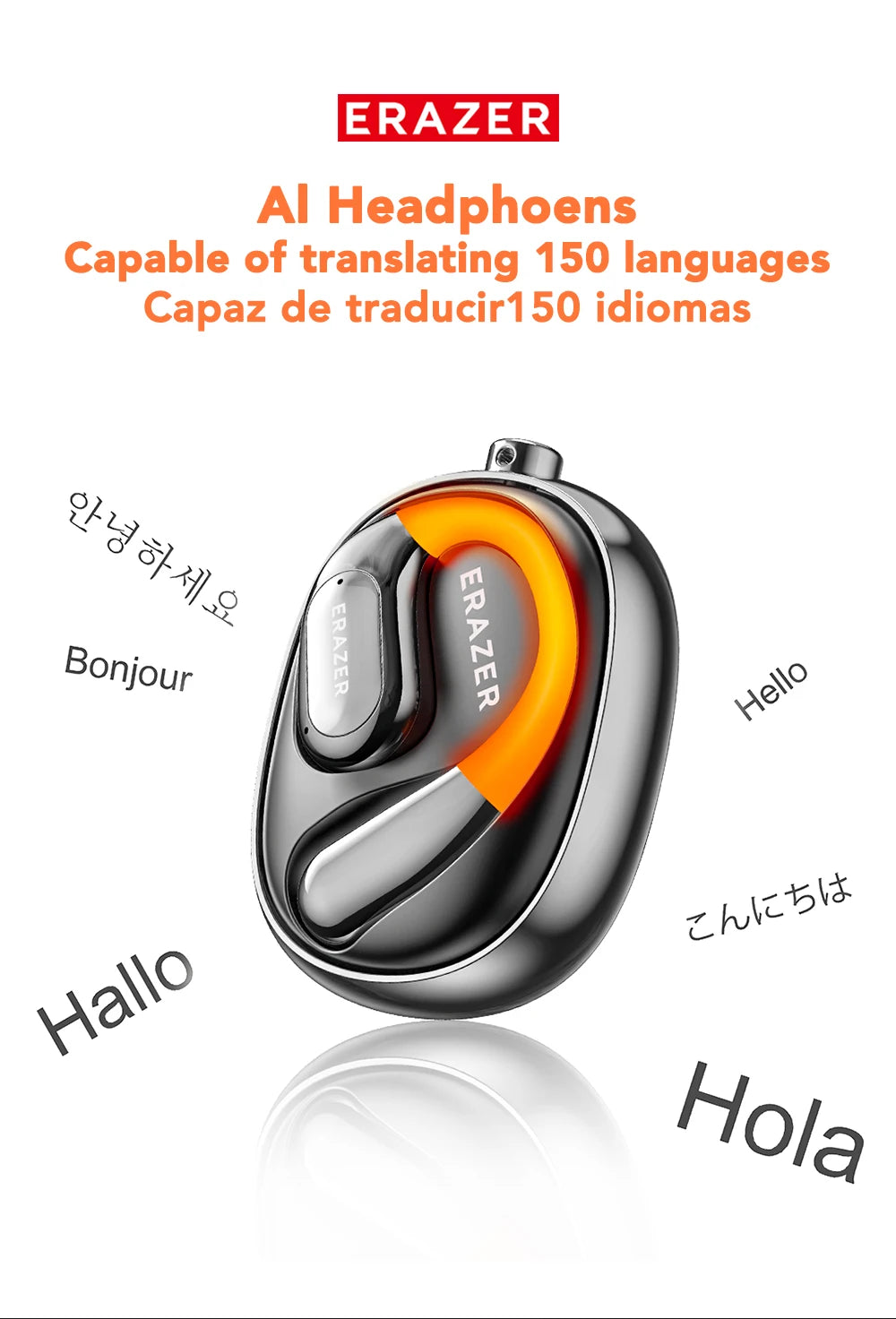 A visual of HeadphoneHeat's ERAZER XF31 Bluetooth Translation Earbuds, captioned with 
