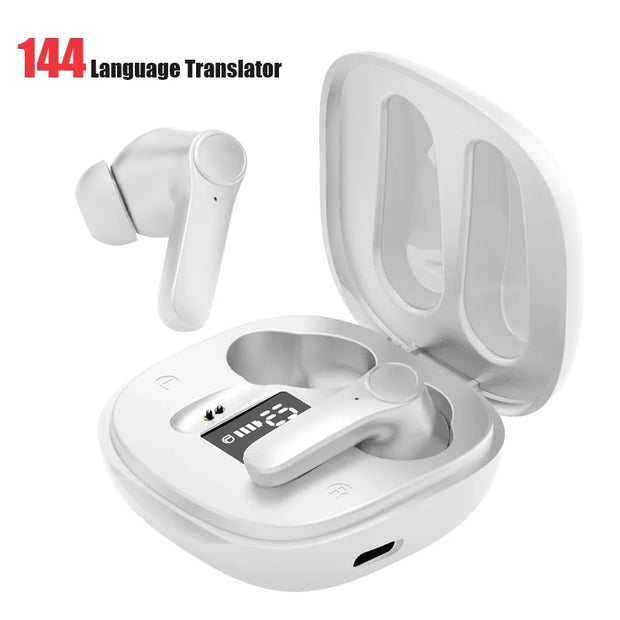 A pair of white wireless earbuds by HeadphoneHeat is displayed in an open charging case, highlighting their AI-driven intelligent translation feature. The text "144 Languages Real-Time Translator" is positioned in the top left corner. Another earbud levitates above, showcasing its compact design and ability to recognize 74 languages seamlessly.