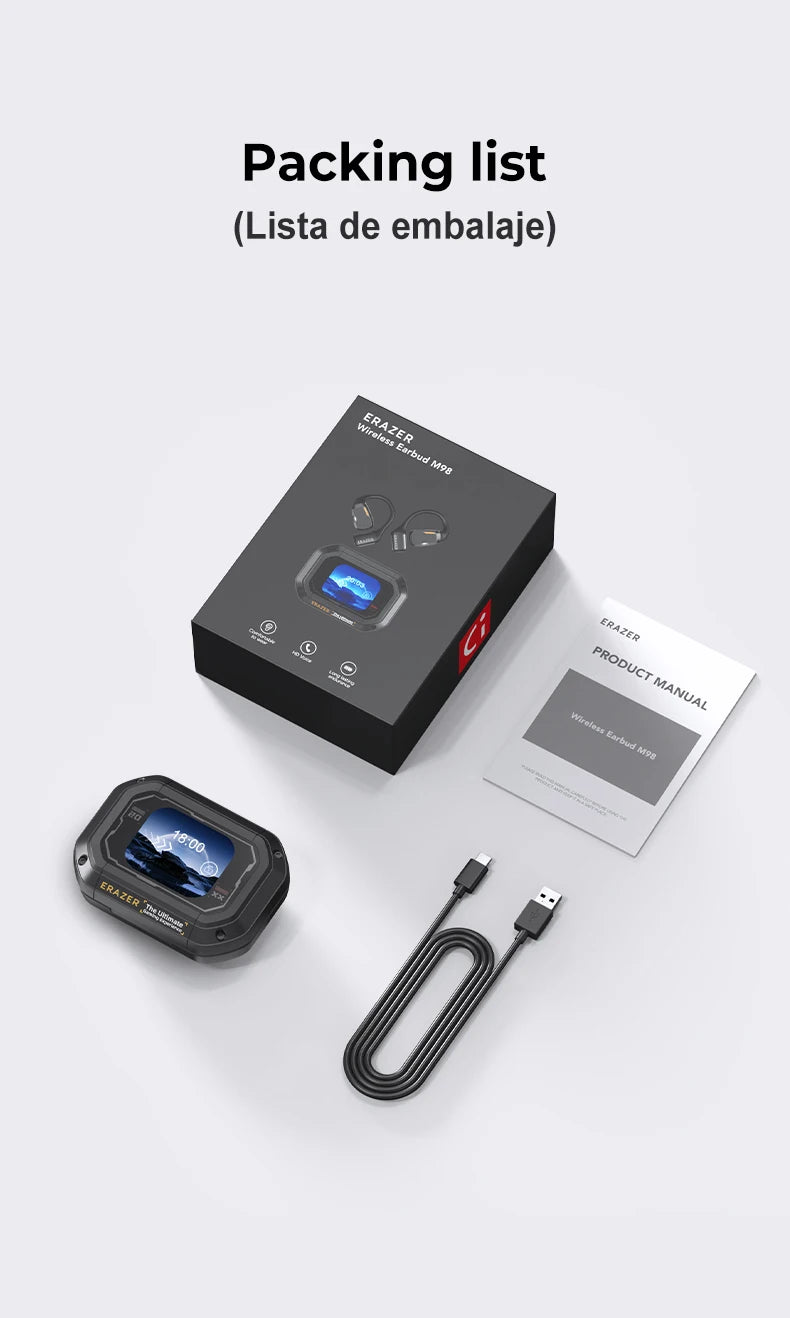 An image displays product packaging: a black box labeled "HeadphoneHeat Erazer XP6," featuring a user manual, AI wireless headphones with connectivity options and similar accessories. Experience seamless connectivity with Bluetooth 5.4 technology. Text above reads "Packing list (Lista de embalaje).