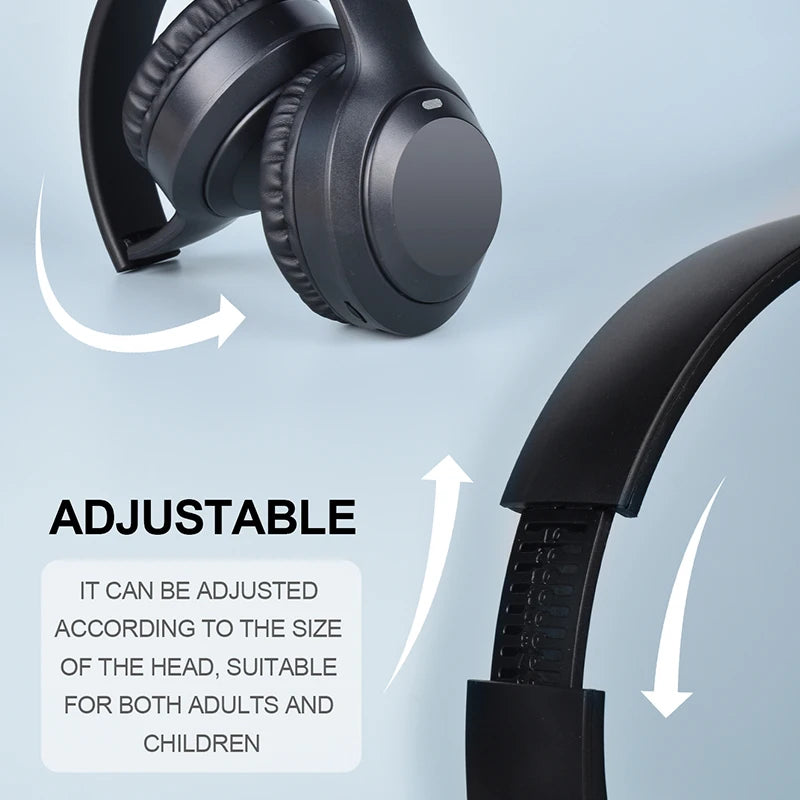 Close-up of black HeadphoneHeat V5.3 Over-Ear Headphones with an adjustable headband. Arrows show the fit feature. Text: "ADJUSTABLE. Lightweight fit for adults and kids, delivering premium audio and wireless Bluetooth connectivity.