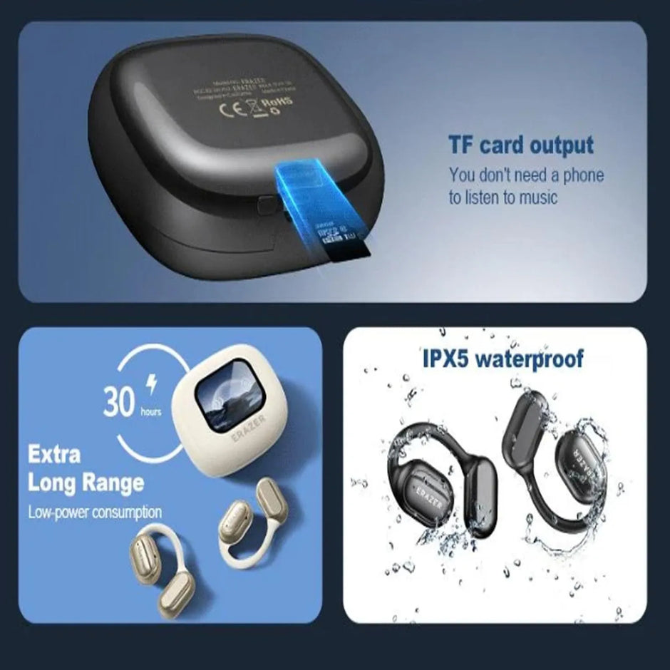 The Dropshipman XP2 Large Over The Ear Earbuds feature Bluetooth 5.4, TF card playback without a phone, 30-hour battery life, low power use, and an IPX5 waterproof rating—shown with earbuds both in and out of water.