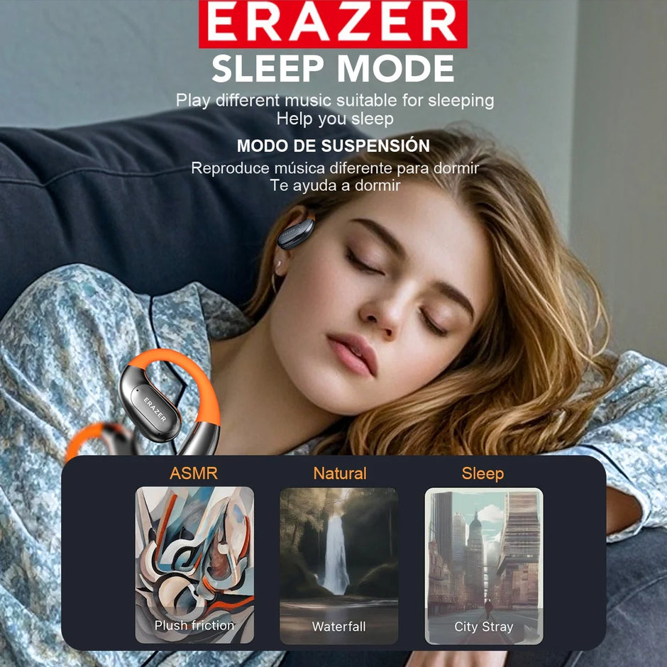 A woman peacefully sleeps while wearing HeadphoneHeat's ERAZER XF31 Bluetooth Translation Earbuds, wireless headphones designed for optimal relaxation. The text "ERAzer SLEEP MODE" showcases available music choices for tranquil nights, featuring three calming audio selections: ASMR, Natural, and Sleep. These themes include push friction, waterfall sounds, and city stray ambiance.