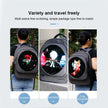 The image displays the BSIDE 3D Holographic Projector Backpack by HeadphoneHeat, featuring three distinct circular designs: a rose, an anime-style character with white hair, and a fox-like creature. Below the backpack, there are two labels 