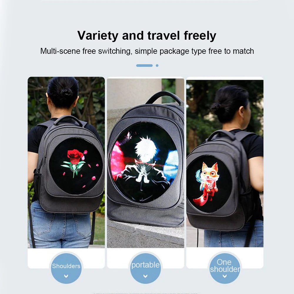 The image displays the BSIDE 3D Holographic Projector Backpack by HeadphoneHeat, featuring three distinct circular designs: a rose, an anime-style character with white hair, and a fox-like creature. Below the backpack, there are two labels 