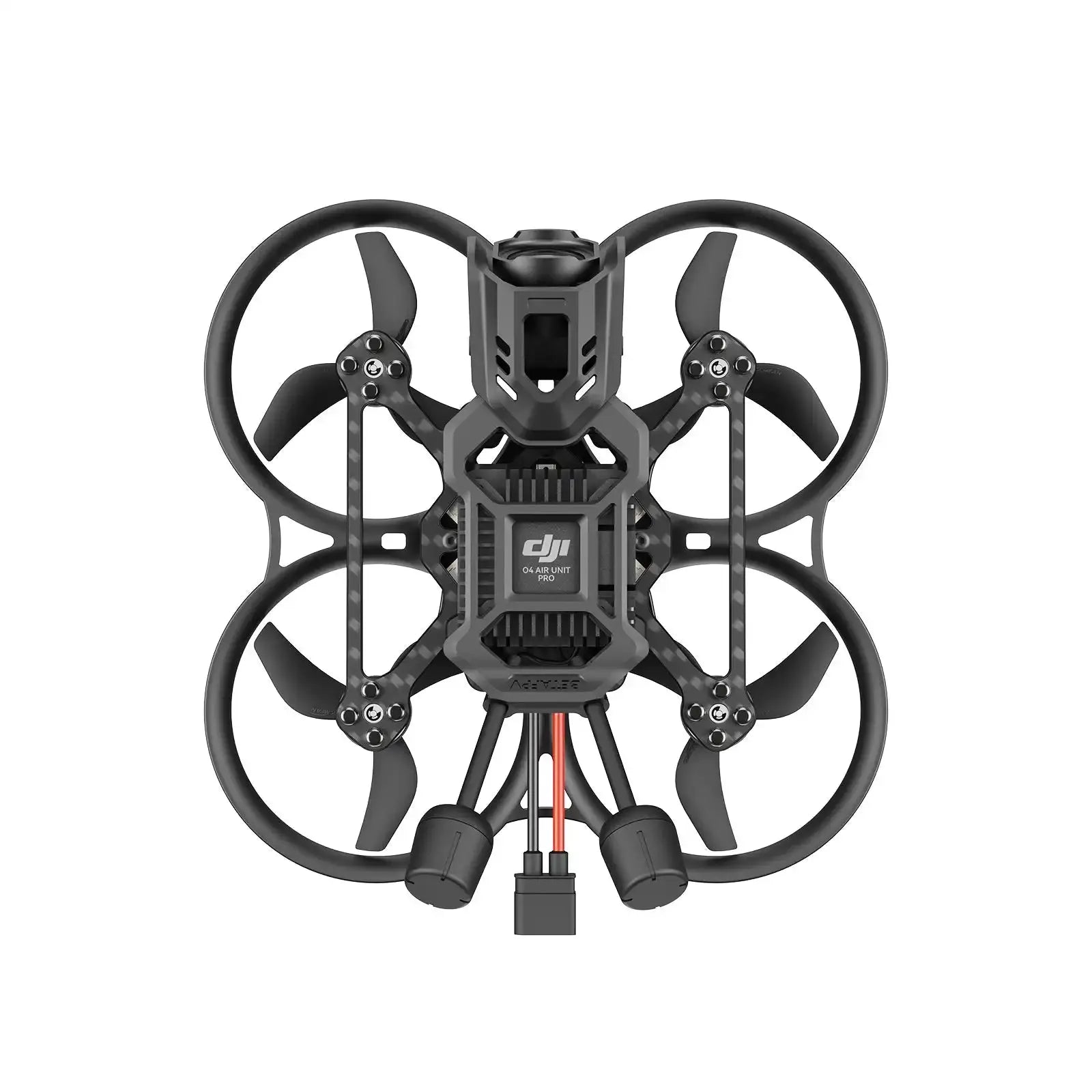 Top view of the BETAFPV Pavo20 Pro II Brushless Whoop Quadcopter by HeadphoneHeat, a compact black drone with four propellers in circular guards, 4K UHD camera housing, and two connector cables extending below.
