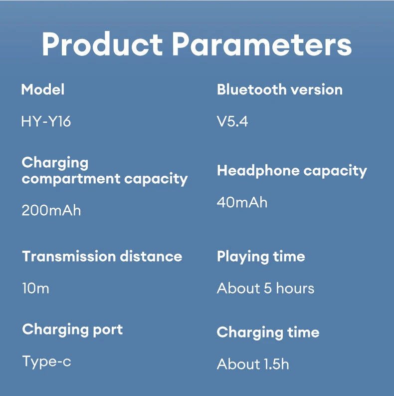 Product specifications on a blue background: HeadphoneHeat choice HYUNDAI HY-Y16 AI Translator OWS Wireless Bluetooth V5.4 Earphones HIFI Stereo Gaming Music High Quality Headphones New. They feature a 200mAh charging compartment, 40mAh headphone battery, and a transmission distance of 10 meters. The device includes a Type-C port, offers around 5 hours of playing time, and takes approximately 1.5 hours to charge fully.