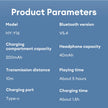 Product specifications on a blue background: HeadphoneHeat choice HYUNDAI HY-Y16 AI Translator OWS Wireless Bluetooth V5.4 Earphones HIFI Stereo Gaming Music High Quality Headphones New. They feature a 200mAh charging compartment, 40mAh headphone battery, and a transmission distance of 10 meters. The device includes a Type-C port, offers around 5 hours of playing time, and takes approximately 1.5 hours to charge fully.