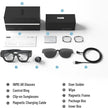 A layout of items that come with the HeadphoneHeat Inmo Air 2 - Smart AR Ring Control includes the AR glasses, control ring, clip-on sunglasses, magnetic charging cable, user guide, additional user guide, wipe, magnetic frame, package box, and inner box. Each item is numbered and labeled to showcase the advanced technology in augmented reality.