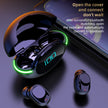 A pair of HeadphoneHeat Y80 Wireless Bluetooth Earbuds is shown with their open charging case, displaying a digital battery indicator reading 