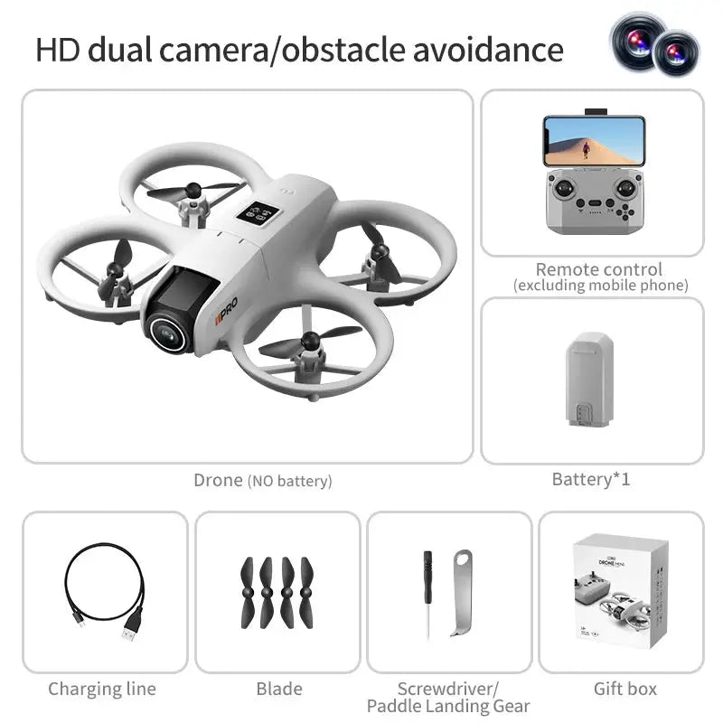 Product displays the DSer I1 PRO Drone 4K Professional HD Aerial Photography, with obstacle avoidance, WiFi remote control, battery, charging cable, extra blades, screwdriver/paddle landing gear, and gift box—all clearly labeled and shown separately.
