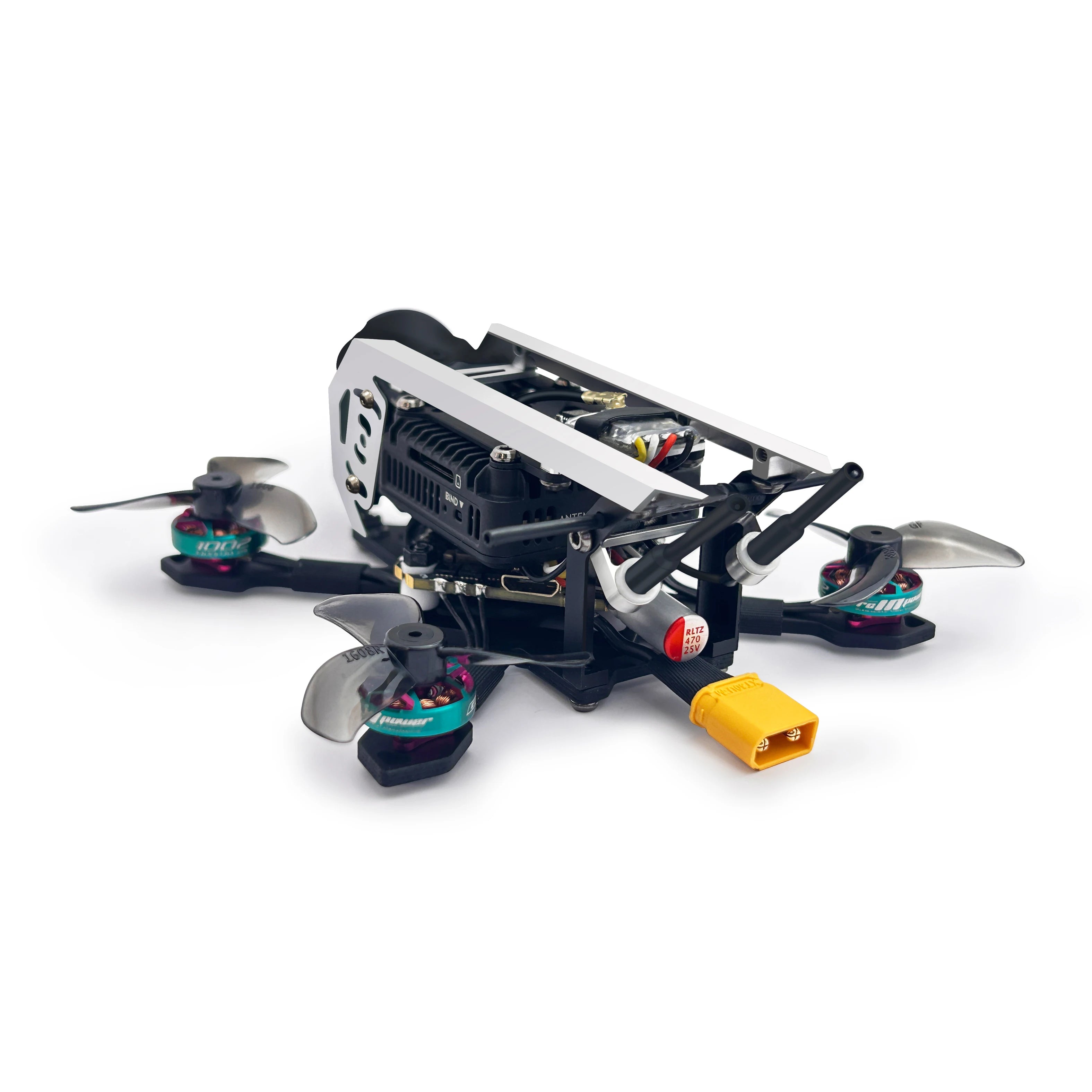 A close-up of the DSer YMZFPV DJI Eagle2 HD O4 Pro, a compact 1.4/1.6 inch FPV drone with four propellers, a 4K camera, visible electronics, and a yellow battery connector, set against a plain white background.