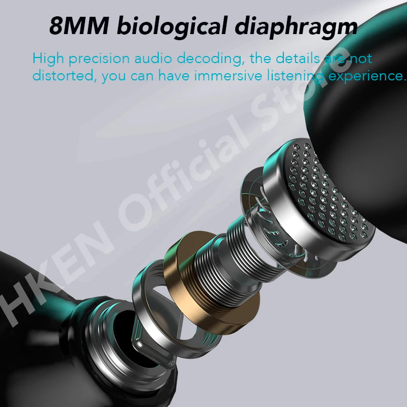 Close-up image of a black Bluetooth Earbuds TWS by HeadphoneHeat with its internal components partially visible. Text at the top reads, 