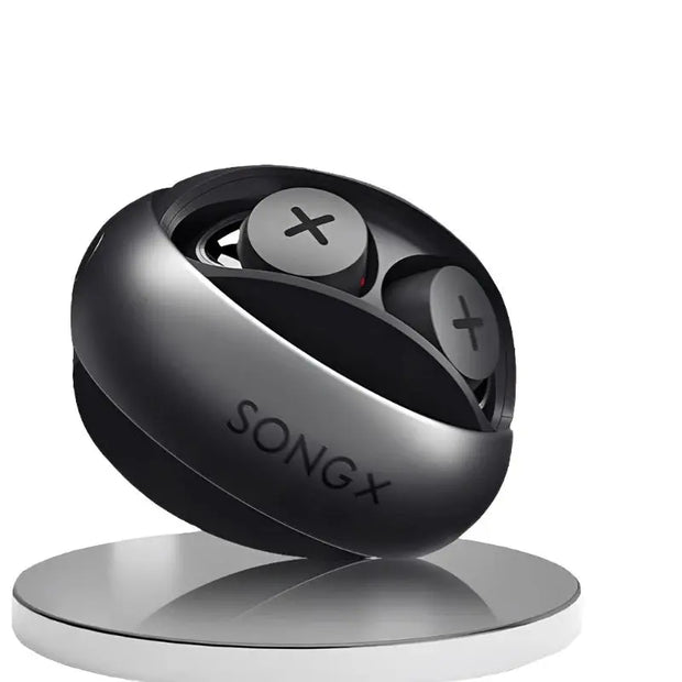 A pair of black HeadphoneHeat Wireless Earbuds with ANC & Wireless Charging, Dual Drivers, LED, and BT 5.0 in a round charging case are displayed on a reflective circular platform against a white background.