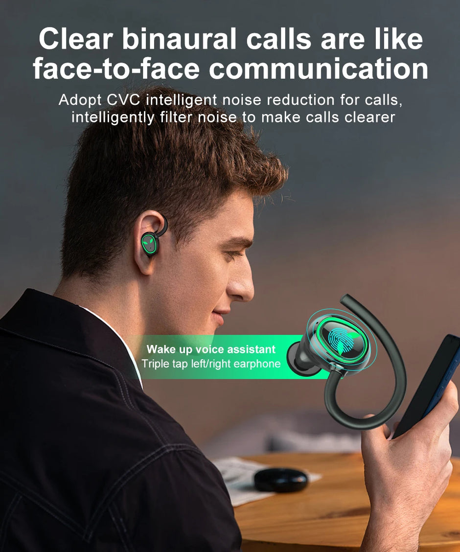 An individual sporting the HeadphoneHeat TWS Newmsnr UFO Halloween Earbuds and holding a phone, emphasizing the clear binaural calls and active noise cancellation features. Beside them is a close-up image of an earbud displaying its advanced Bluetooth 5.1 technology.