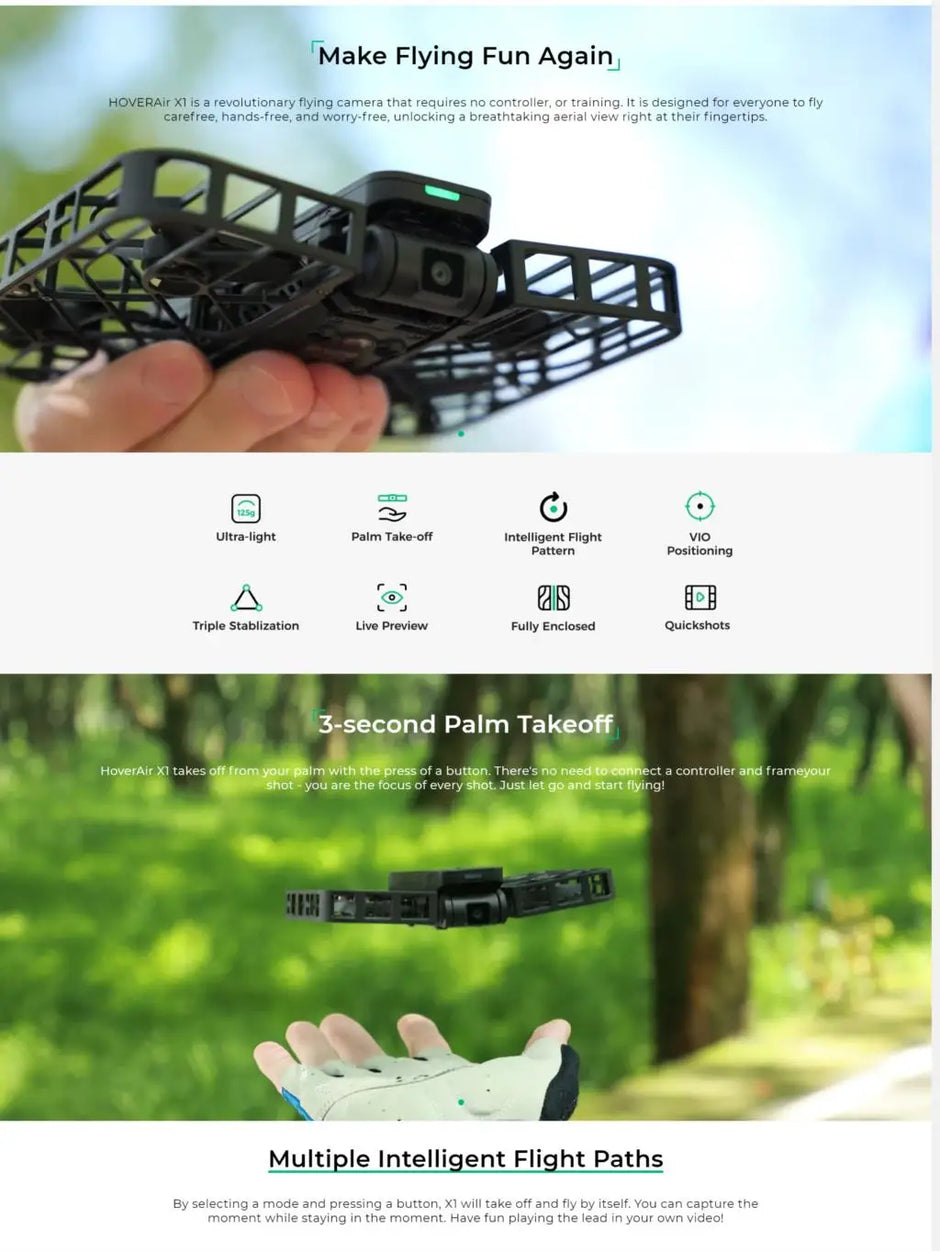 A close-up of the black Dropshipman Hover Air X1 Pro mini drone with protective guards highlights features like triple stabilization, palm takeoff, AI-powered tracking, positioning, and quickshots. A hand below shows the palm takeoff function.